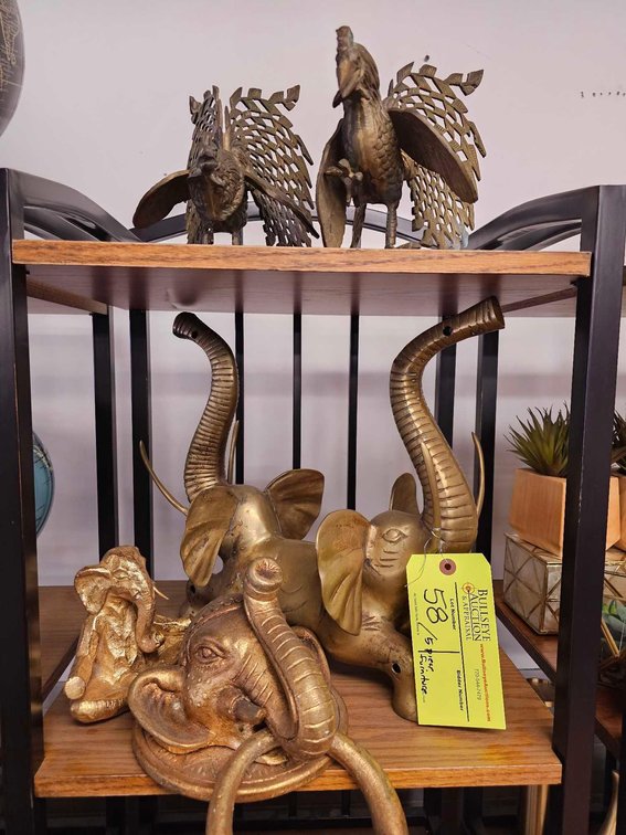 Brass Siamese Elephant, Door Knocker, and Assorted Elephant and Rooster Figures