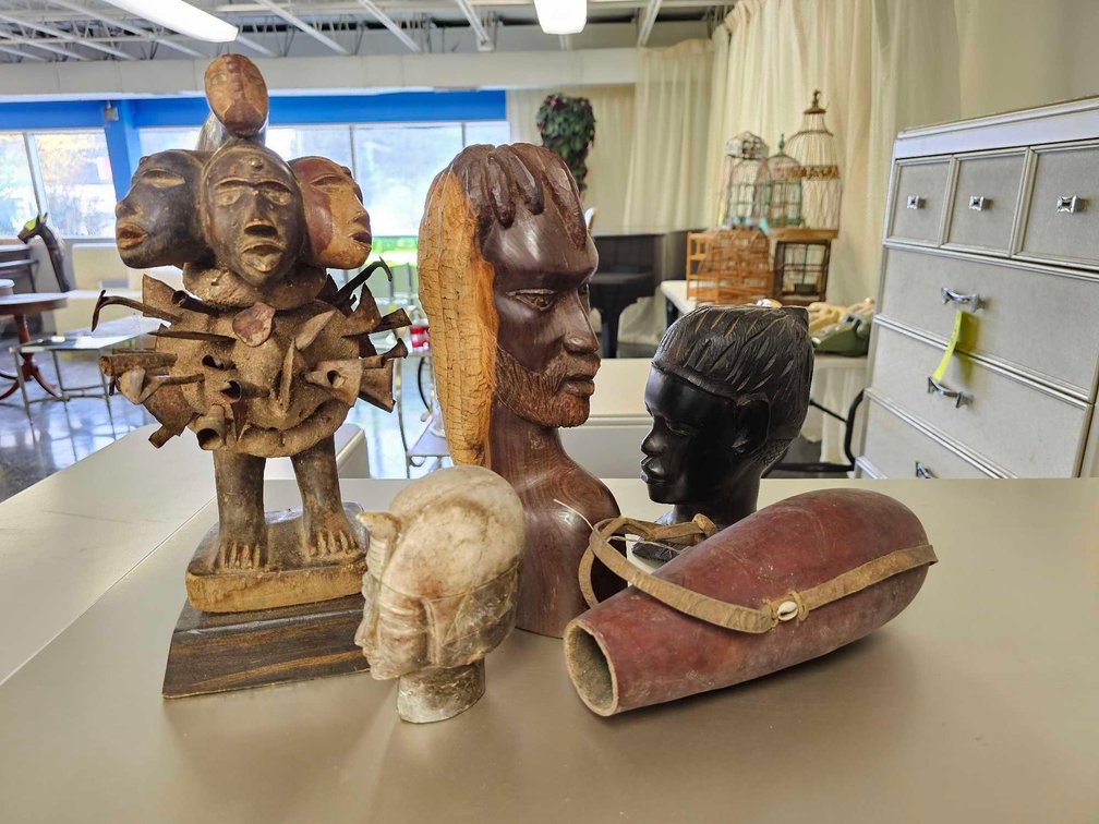 African Nail Fetish Carving + Busts, Statue, and Milk Gourd