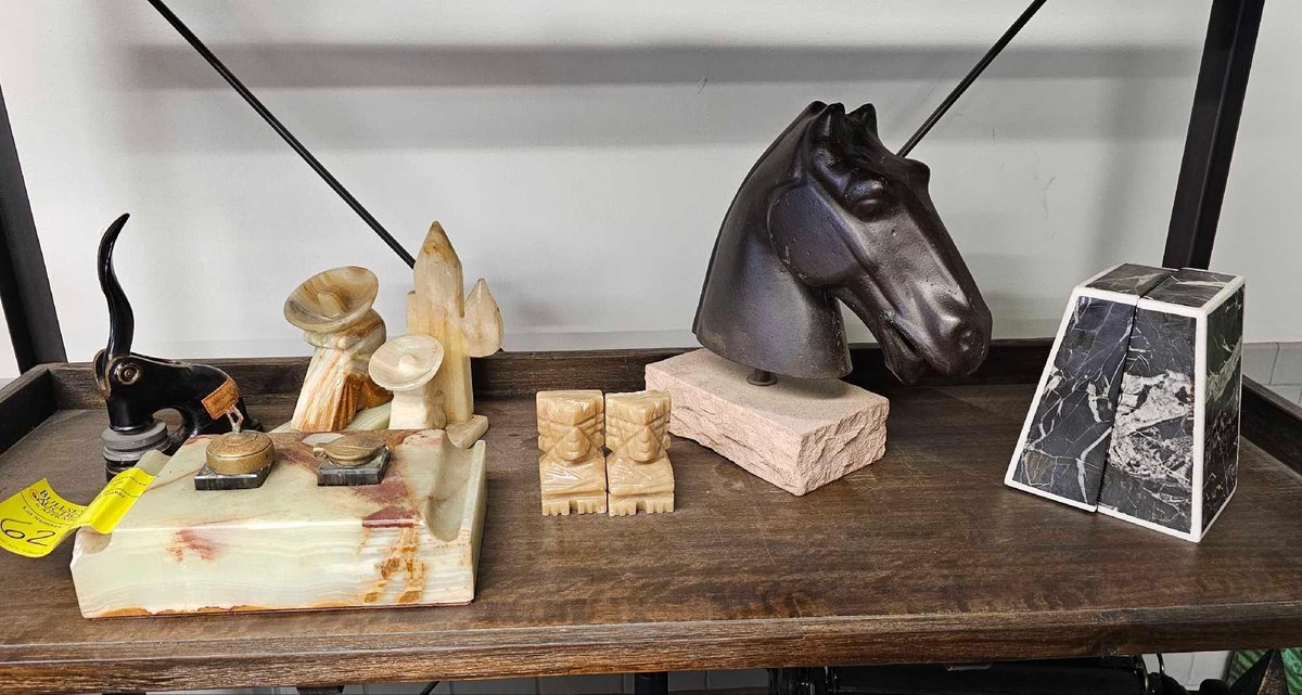 Assorted Stone Bookends, Inkwell, Horse Head Bust and Decor