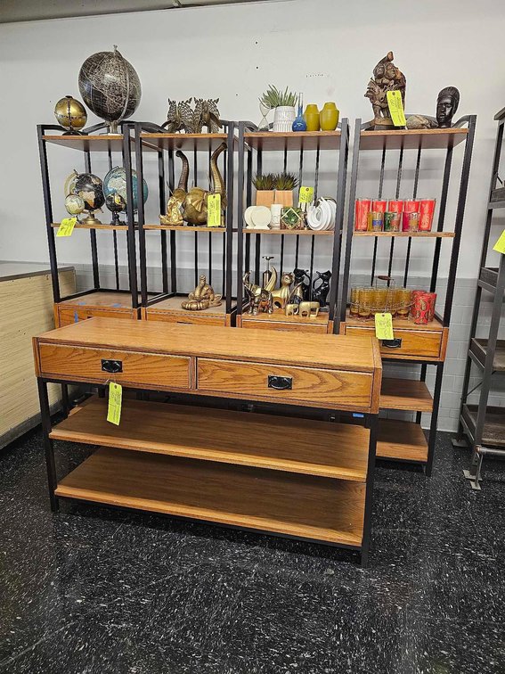 Oak/Metal Table(31-1/2"t x 54"l x 18"d) and 4 shelves (72"t x 20"w x18"d each)