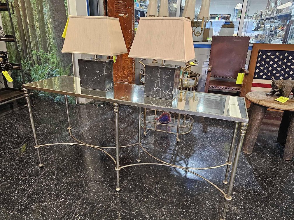 Glass Top Metal Frame Console Table with Stone Base Table Lamps