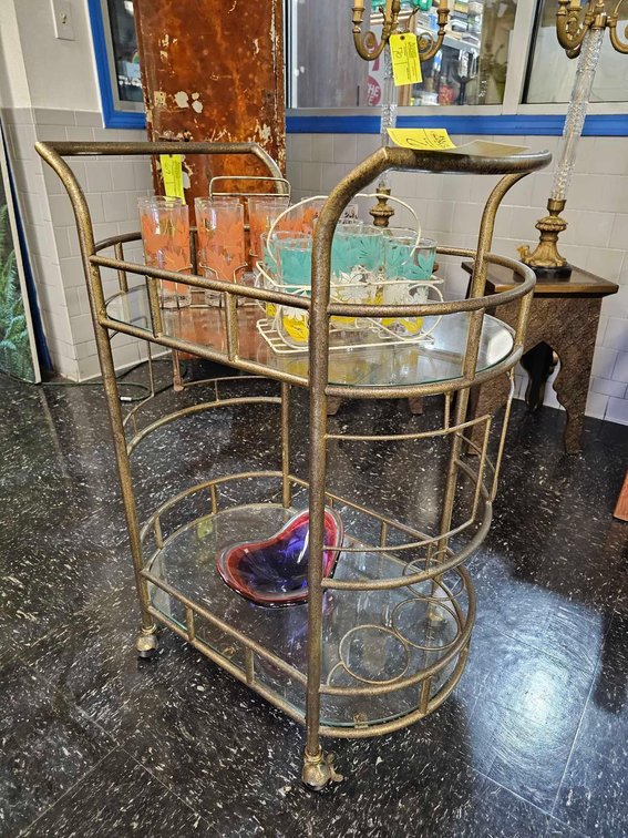 Metal/Glass 2 Tier Bar Cart with Serving Sets and Decorative Dish
