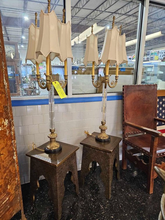 Gilt Candelabra Table Lamps (oah 46") on Celtic End Tables 21"t
