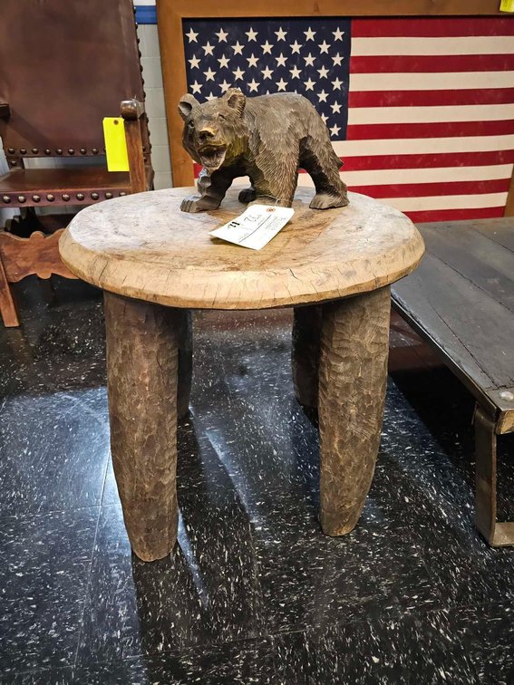 Carved Rustic Stool Seat (heavy!) with Wooden Black Bear Figure