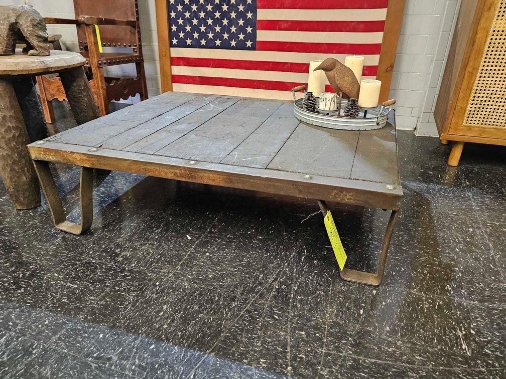 Industrial Cart Converted to Coffee Table with Decor Bird and Tray
