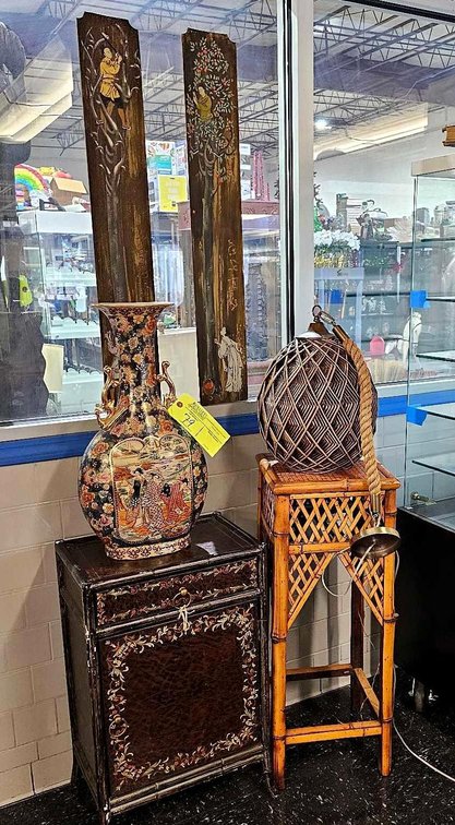 Asian 2' Floor Vase, Bamboo Table, Painted Cabinet, Wall Panels, and Hanging Woven Lantern