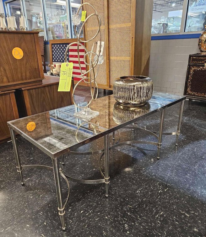 Metal Anthropologie Planter and Wired Sculpture on Metal Frame Mirrored Console Table