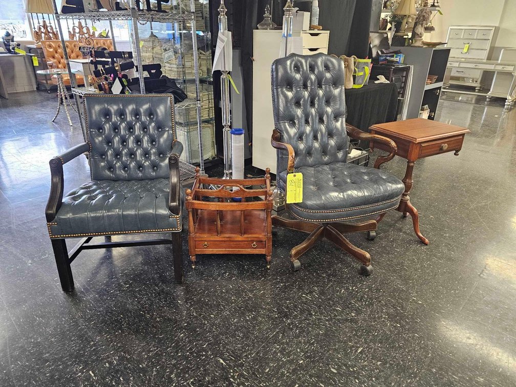 Tufted Tacked Leather Executive Chairs, Pedestal Side Table, and Magazine Holder