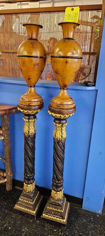Pair of Urn 19" tall Vases on 3' Decorative Columns/ candleholders
