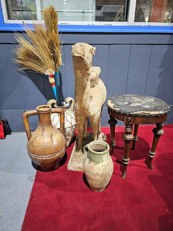 Camel Statue, Vase, Pitchers, Stool, and Decor