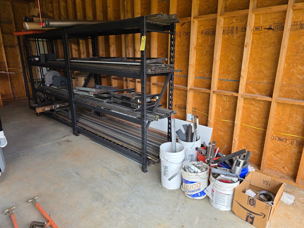 Large Assortment of Scrap Metal and (2) Metal Racks