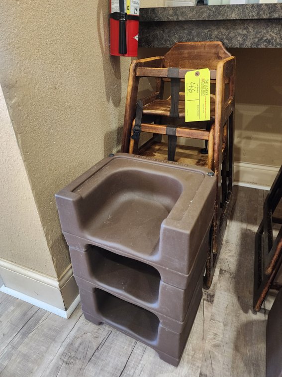 (2) Wooden High Chairs, (3) Plastic Booster Seats