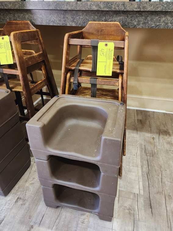 (2) Wooden High Chairs, (3) Plastic Booster Seats