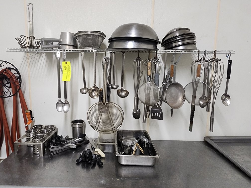 Assortment of Stainless Utensils, Mixing Bowls, Pans and Pots