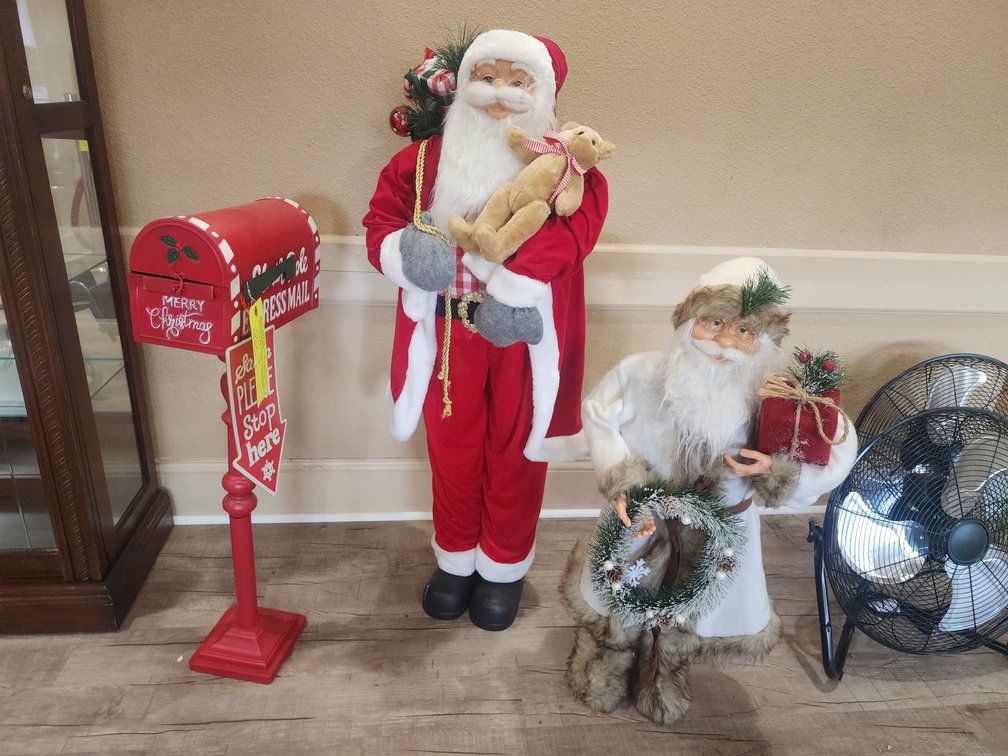 (2) Santa Figures and North Pole Mailbox