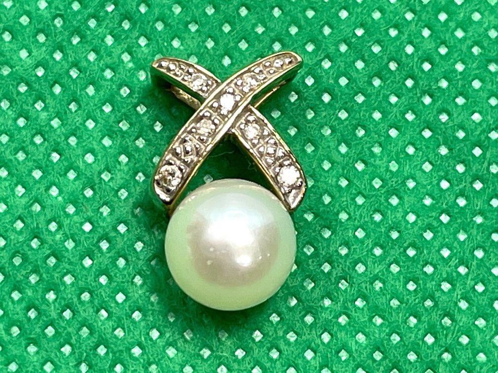 10K Gold Diamond Pearl Pendant, Serial 4021, Crossover Design