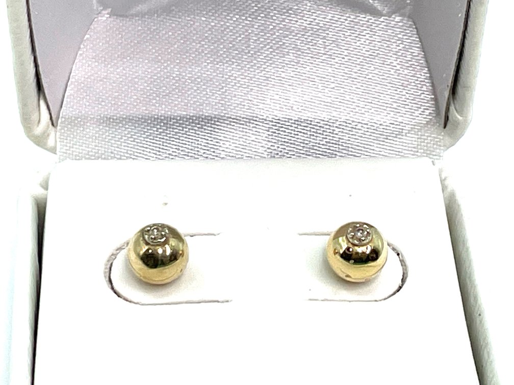 14K Yellow Gold Ball Stud Earrings with Diamond Accents, Butterfly Backings