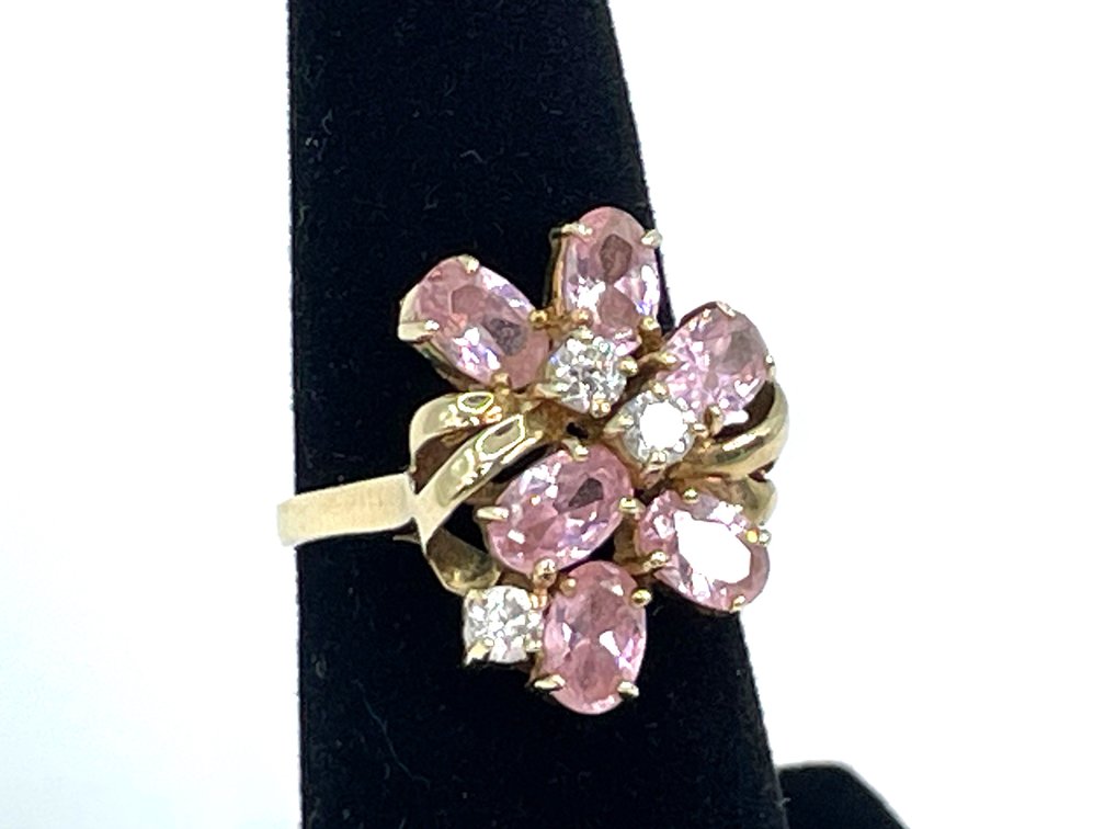 10K Yellow Gold Cluster Ring, Pink & Clear Stones, 5 Grams, Size 7, Floral Statement Design
