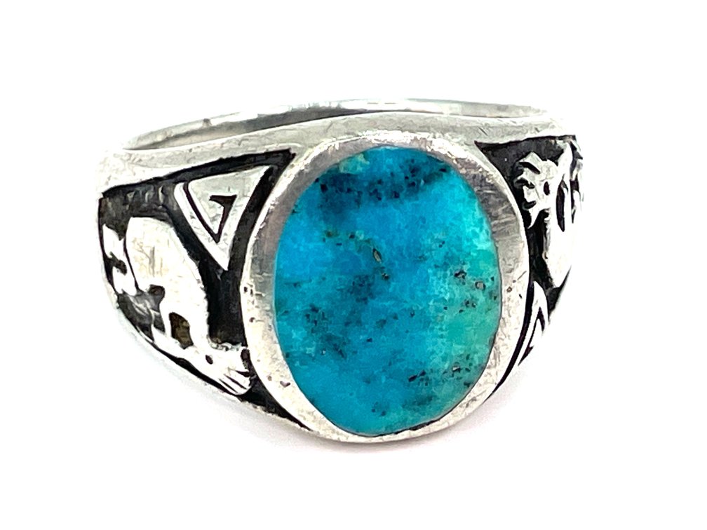 Men's Size 14 Sterling Silver Turquoise Ring, 11.9 Grams Total Weight, Kokopelli Motif, Vintage Southwest Style