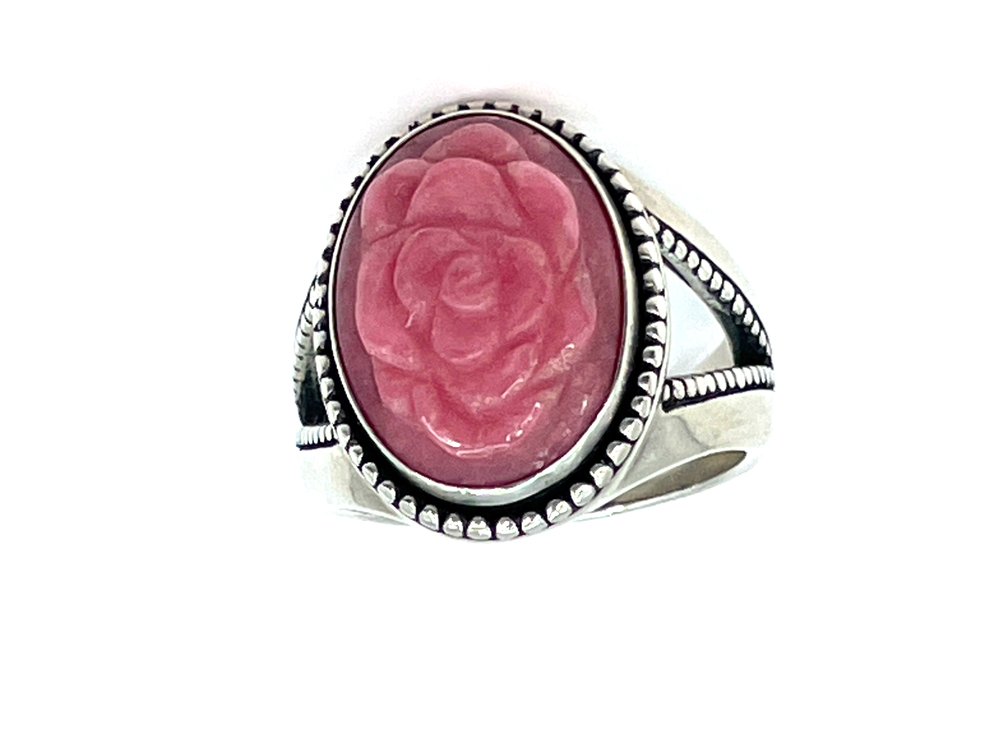 Sterling Silver Ring Size 9, 12.4 Grams Total Weight, Carved Pink Rose,