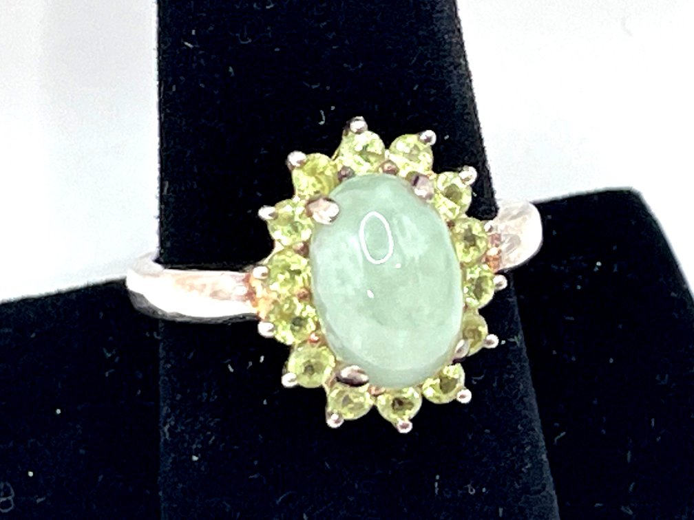 Sterling Silver Halo Ring, Jadeite Cabochon & Peridot Accents, Size 10, 4.76 Grams Total Weight