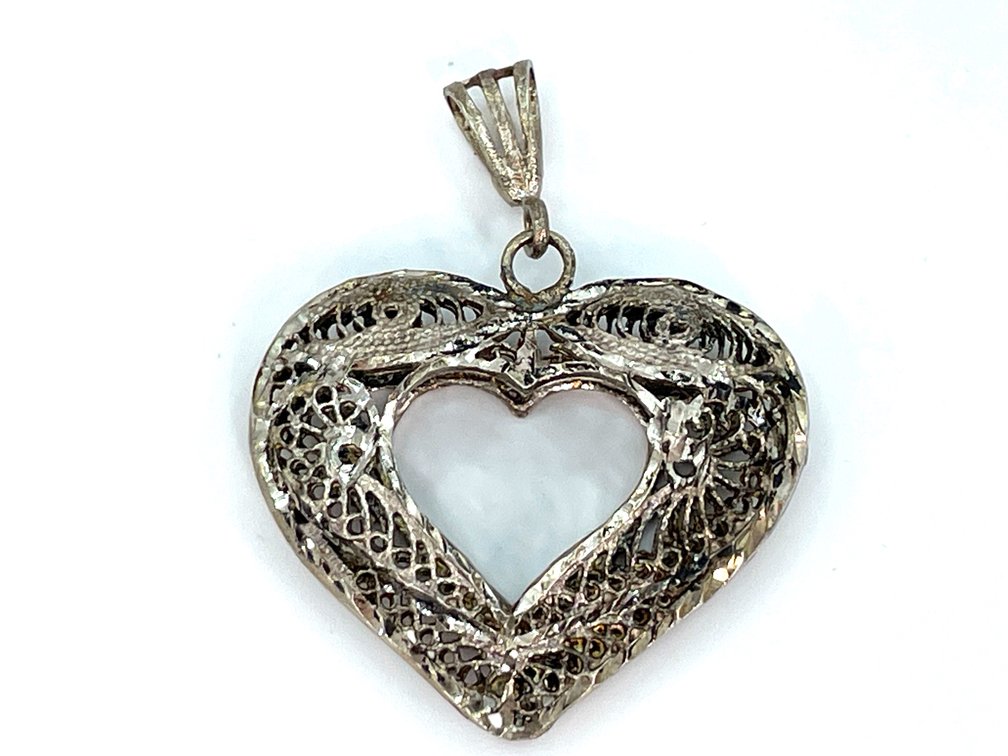 Italian 925 Sterling Silver Filigree Heart Pendant, Two Birds Motif, 9.3 Grams