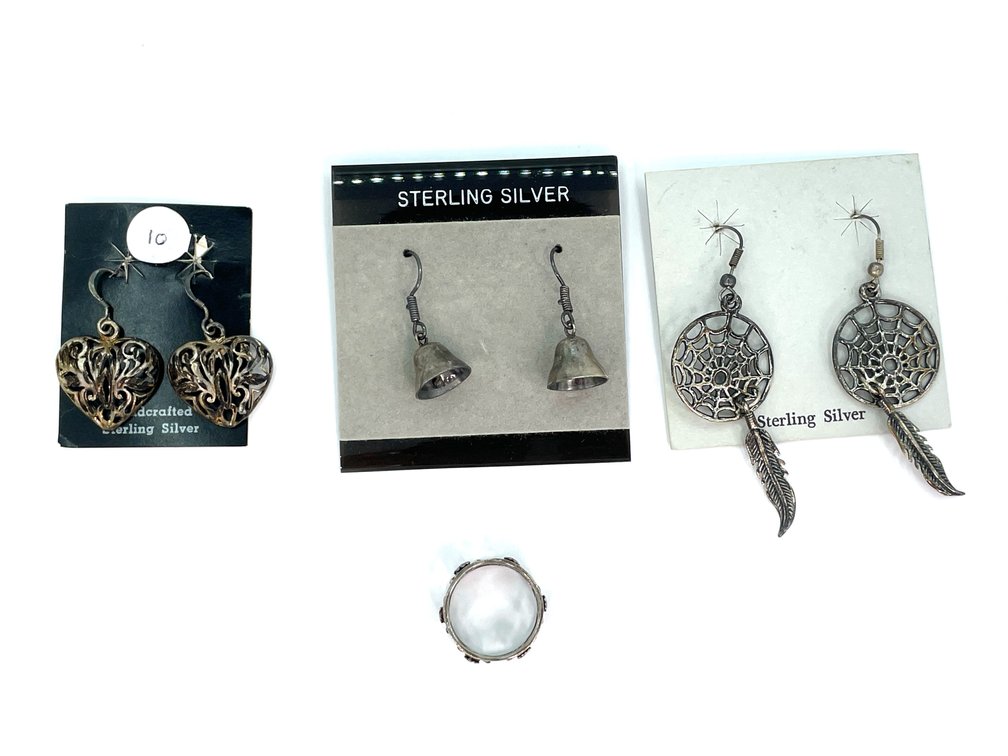 Sterling Silver Jewelry Lot: 3 Dangle Earring Sets (Heart, Bell, Dreamcatcher) & Sunflower Floral Ring Size 7.5