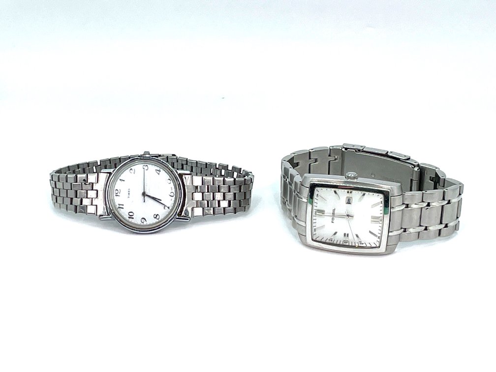 Fossil PR-5326 30M Stainless Steel Date Watch & Timex White Dial Expansion Band (Not Working)