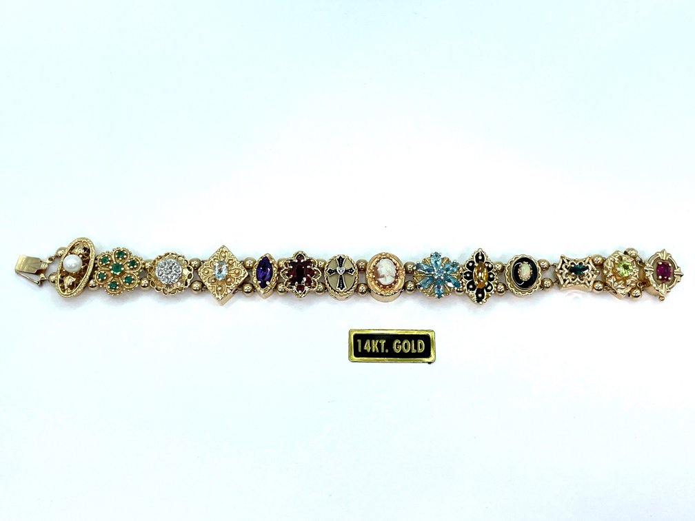 Exceptional Victorian Style 14K Gold Slide Bracelet, 14 Charms, 45.6g, Multi-Gemstones