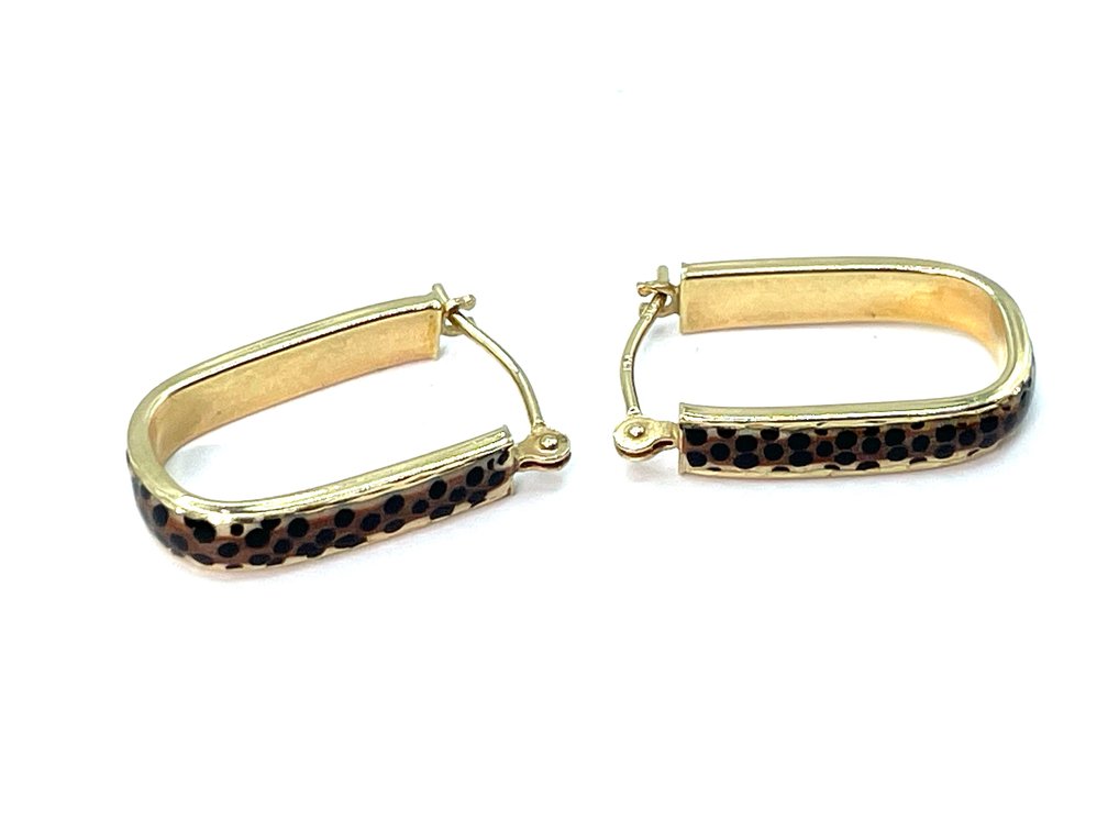 14K Gold Rectangular Hoop Earrings, Animal Print Enamel, 1.0g, Stamped 14K