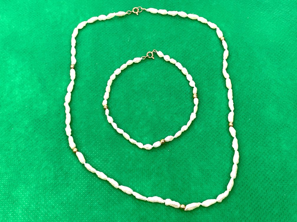 Vintage Freshwater Rice Pearl Necklace & Bracelet Set 14K Gold Clasp