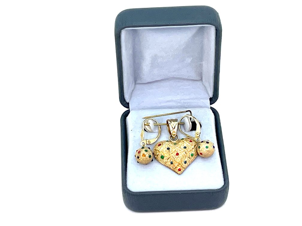 14K Gold Enamel Heart Pendant 2.8g & Drop Ball Earrings 1.4g, Textured, Multi-Color, 14K Marked