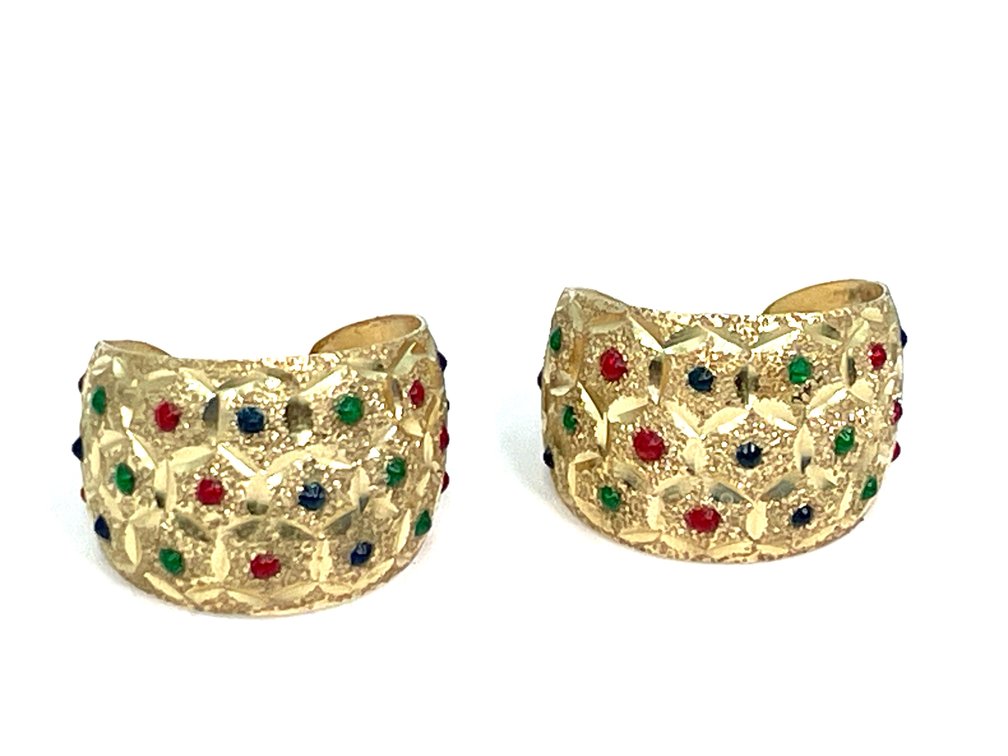 14K Gold Hoop Earrings with Ruby, Sapphire, Emerald, 4.1g, Latch-Back, Textured Design