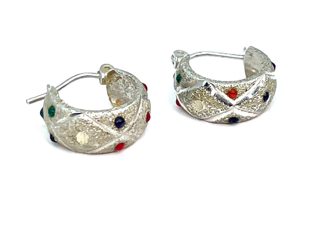14K White Gold Enamel Dot Hoop Earrings, 1.5g, Multicolor, Hinged Closure
