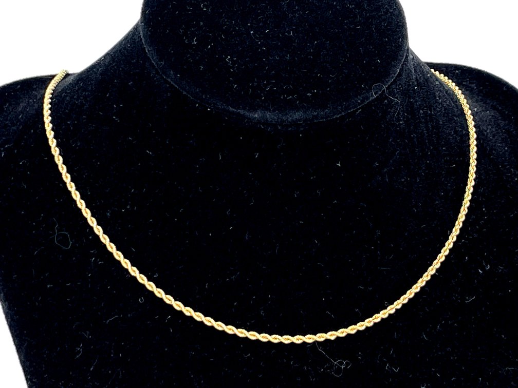 14K Gold Rope Chain Necklace, 5.4 Grams, Barrel Clasp, Lightweight Hallmarked Jewelry