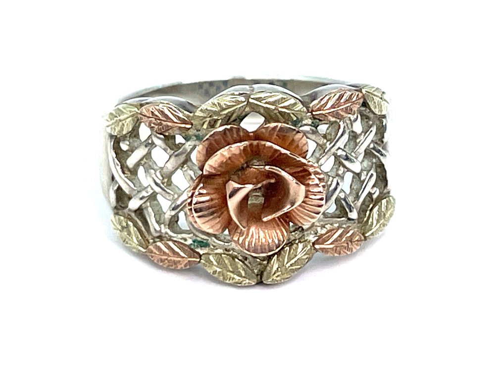 Black Hills Gold Sterling Floral Ring with 12K Gold Accents, Size 7, Approximately 5.3 grams