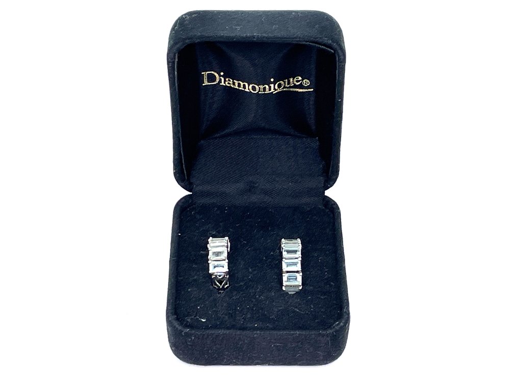 14K White Gold Blue Baguette Hoop Earrings, 3.2 Grams, Mexico