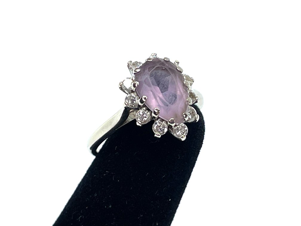 14K White Gold Ring with Purple Lighter Colored Amethyst with Diamond Accents in Halo Shape, Size 6