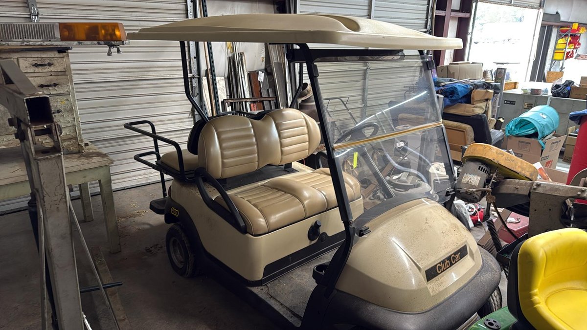 Club Car Gas Golf Cart, 4-Passenger, Beige, Fold-Down Rear Seat - Needs Repair