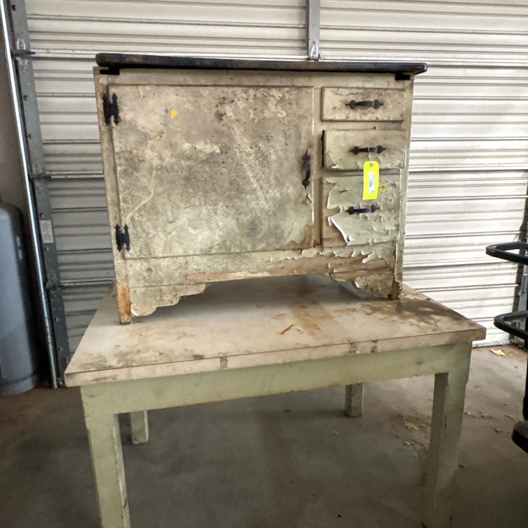 Antique 1920s Farmhouse Kitchen Cabinet, 1 Door 3 Drawers, Distressed Paint, Scalloped Trim