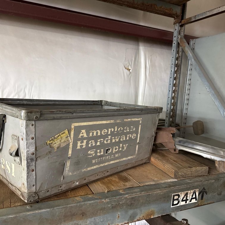 Vintage American Hardware Supply Metal Storage Crate, Gray Steel, Westfield MA, Marked "281"