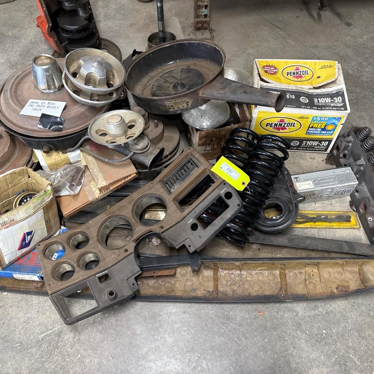Large Lot Vintage Chevy Car Parts: Cylinder Heads, Crankshaft, Air Cleaner, Dash Panel, OEM Parts