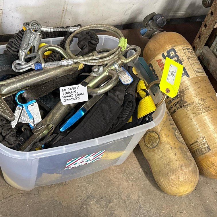 Full Body Safety Harness Lot with Lanyards, Beam Connectors, Slings, Carabiners, Tote Storage, Scott Bottles
