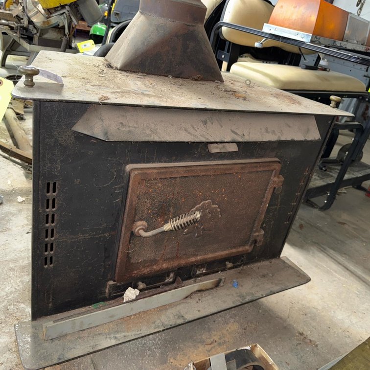 Vintage Wood Burning Stove with Blower, Steel Construction, Approx 1970s-1980s, Black Finish