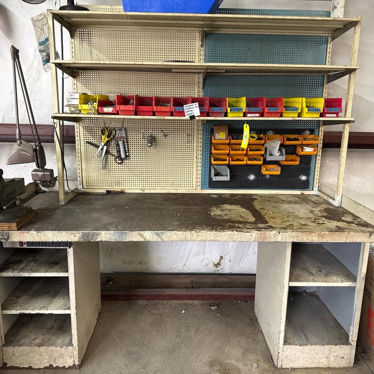 Workbench with Columbian 5" Swivel Vise, Industrial Lamp, and Assorted Hardware Fasteners (Buyer to Take All Items)