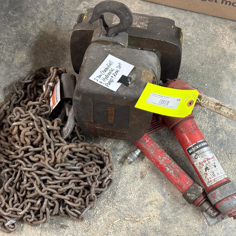 1 Ton Chain Hoist and Blackhawk Porto-Power 5121 Hydraulic Pump Set, 8650 PSI, 4 Ton Ram