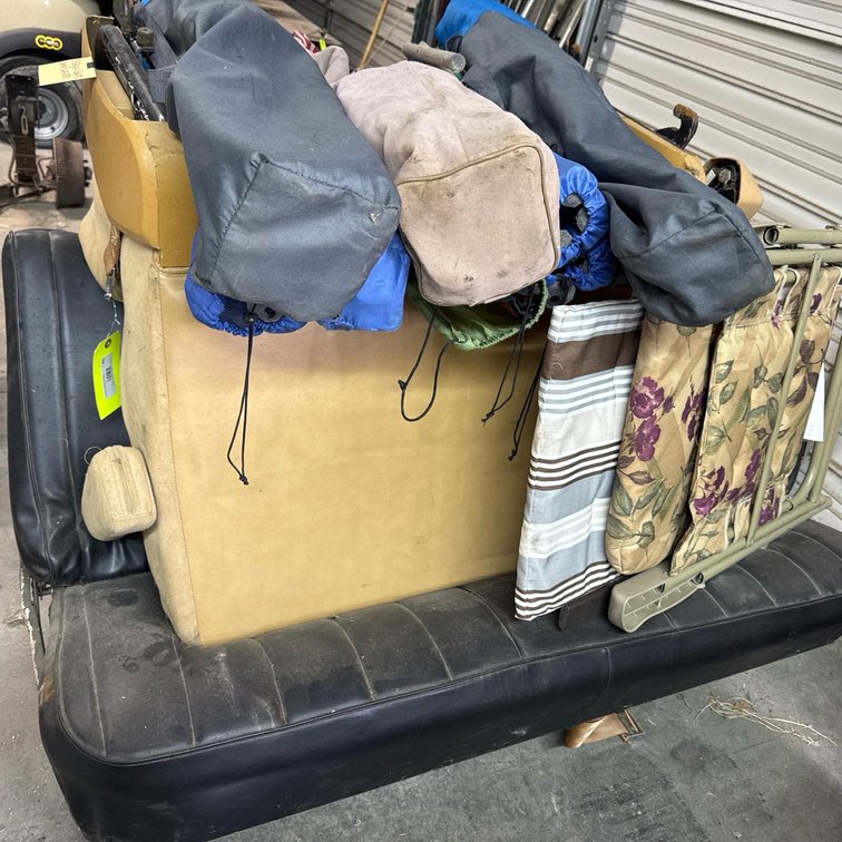 Three Vintage Van/SUV Bench Seats & 6+ Folding Camp Chairs – Assorted Styles, Mixed Condition