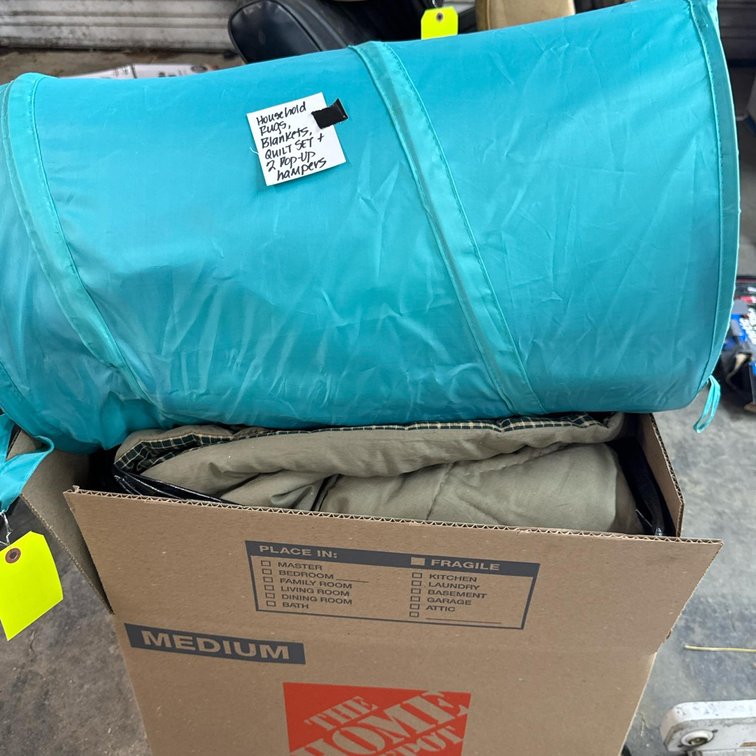 Lot of Household Rugs, Blankets, Quilt Set, 2 Blue Pop-Up Hampers, Mixed Colors & Fabrics