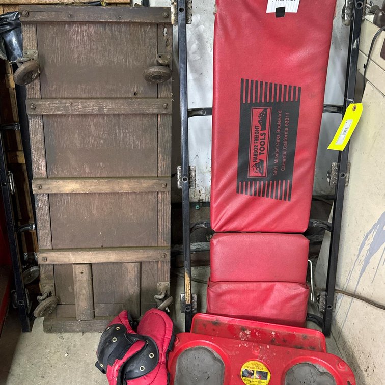 Harbor Freight Red Automotive Creeper, Black Flame Creeper, Vintage Wood Creeper, Shop Knee Pad