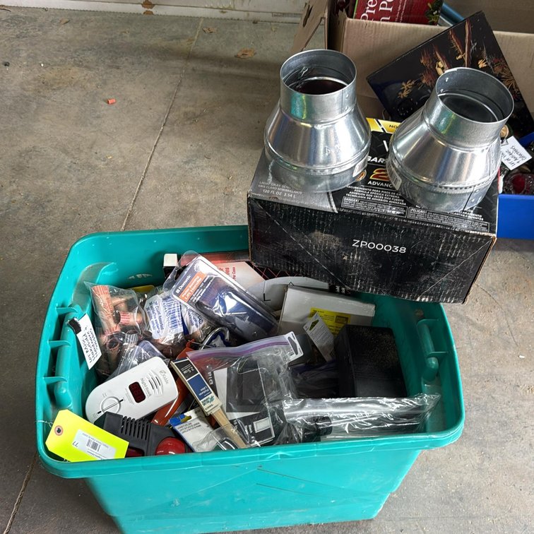 Mixed Lot HVAC Duct Reducers, Tools & Hardware - Kidde Nighthawk CO Alarm, Dometic Handle, Bin